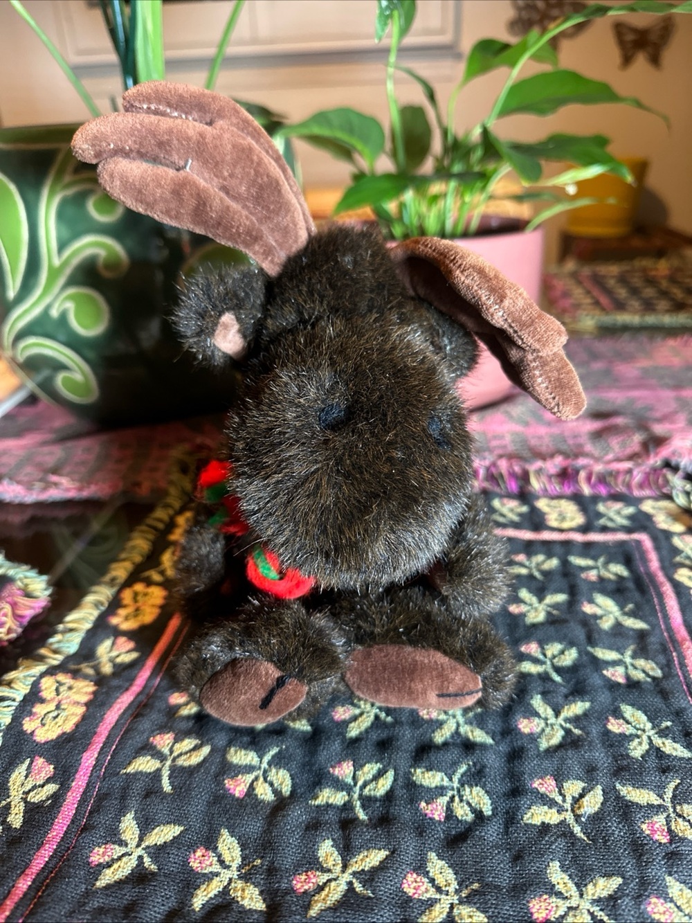 1985 Boyds Collection Brown Moose Plush Stuffed Animal Beanie Christmas Bow 12"
